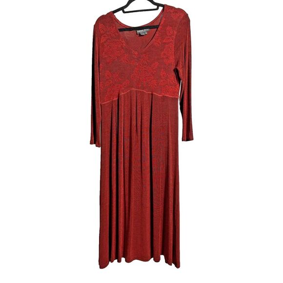 VTG Carole Little Red Maxi Dress Roses Romantic Slinky Sz 12 USA Made 90s Phoebe - Picture 1 of 6